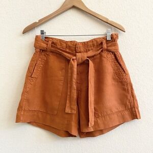 Joie Women's 100% Linen Orange Shorts Two Hook Closure Deep Pockets‎ Tie Waist